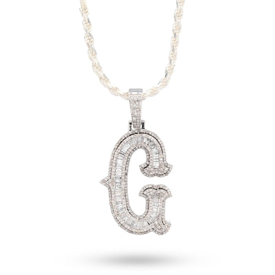 925 Silver 1.75CTW Natural Diamond Round/Baguette Initial "G" Pendant 8.5g Charm - Elite Jewelers - Charms & Pendants
