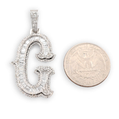 925 Silver 1.75CTW Natural Diamond Round/Baguette Initial "G" Pendant 8.5g Charm - Elite Jewelers - Charms & Pendants