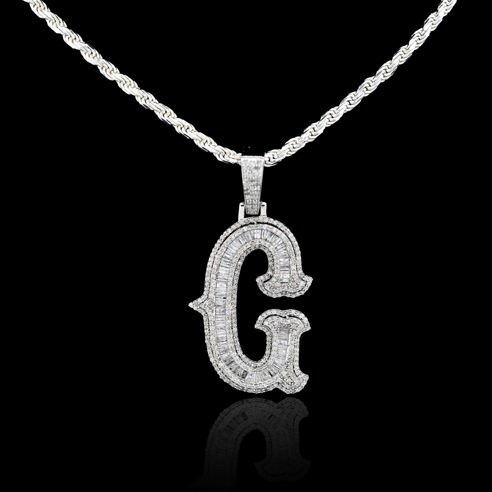 925 Silver 1.75CTW Natural Diamond Round/Baguette Initial "G" Pendant 8.5g Charm - Elite Jewelers - Charms & Pendants