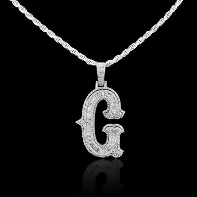925 Silver 1.75CTW Natural Diamond Round/Baguette Initial "G" Pendant 8.5g Charm - Elite Jewelers - Charms & Pendants