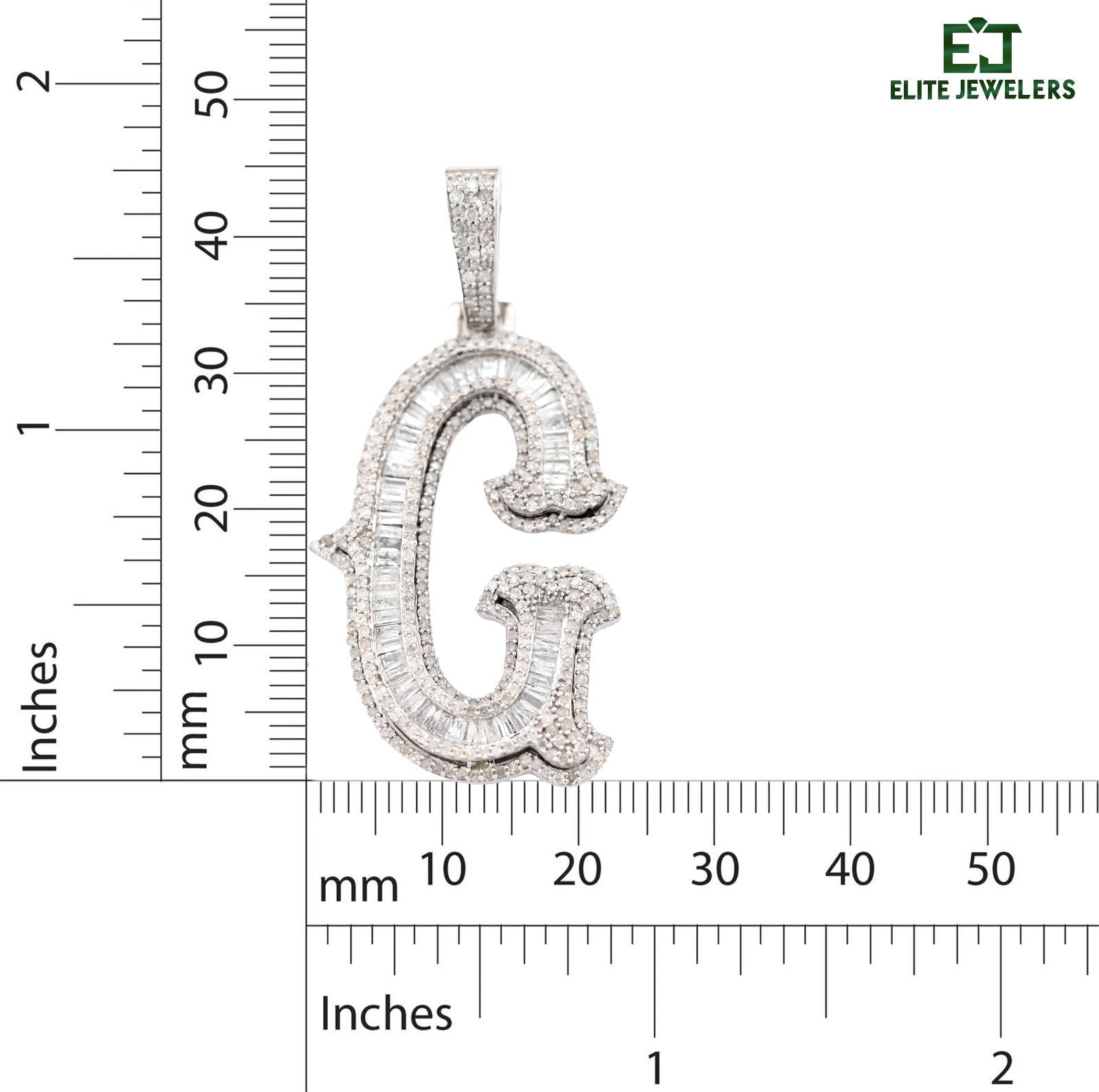 925 Silver 1.75CTW Natural Diamond Round/Baguette Initial "G" Pendant 8.5g Charm - Elite Jewelers - Charms & Pendants