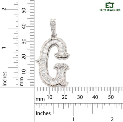 925 Silver 1.75CTW Natural Diamond Round/Baguette Initial "G" Pendant 8.5g Charm - Elite Jewelers - Charms & Pendants