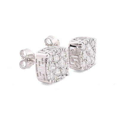 925 Silver 1CTW Lab Grown Diamond 2.1g Iced Greek Key Square Earring Stud - Elite Jewelers - Earrings