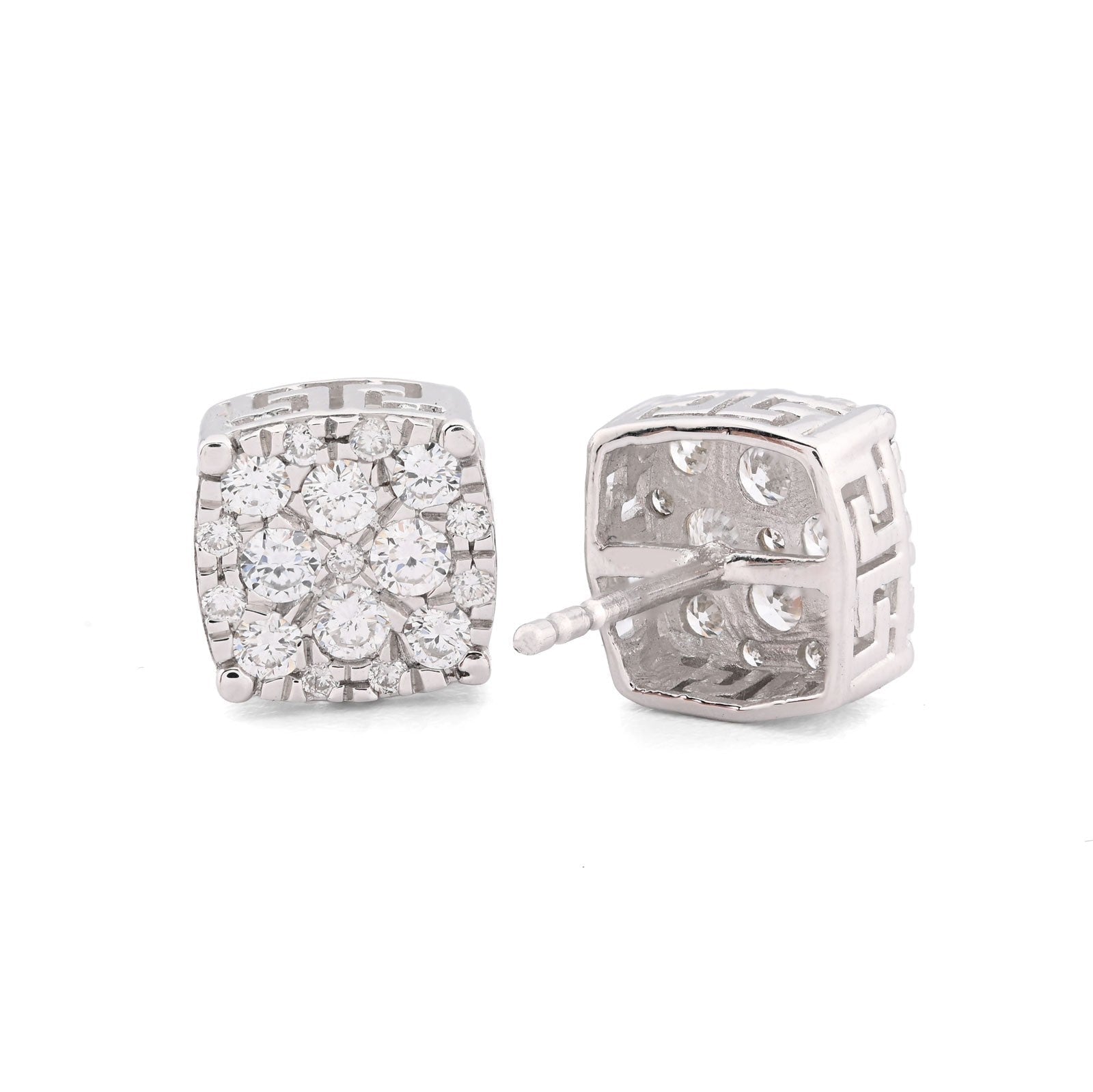925 Silver 1CTW Lab Grown Diamond 2.1g Iced Greek Key Square Earring Stud - Elite Jewelers - Earrings