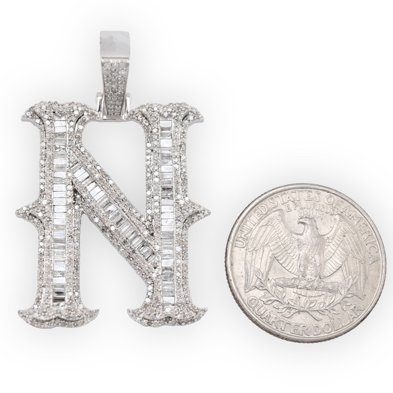 925 Silver 2 CTW Natural Diamond Round/Baguette Initial "N" Pendant 11.9g Charm - Elite Jewelers - Charms & Pendants