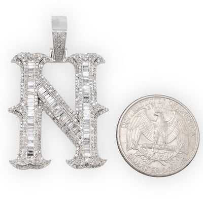 925 Silver 2 CTW Natural Diamond Round/Baguette Initial "N" Pendant 11.9g Charm - Elite Jewelers - Charms & Pendants