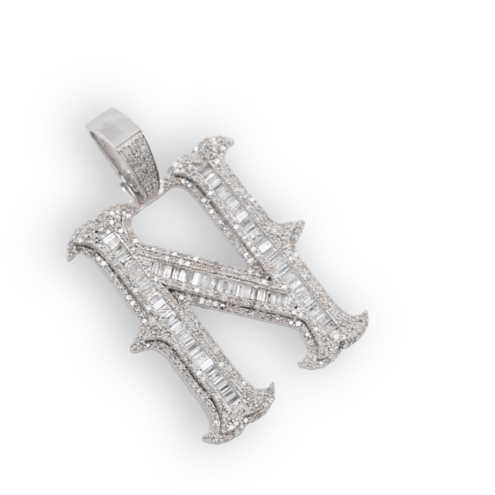 925 Silver 2 CTW Natural Diamond Round/Baguette Initial "N" Pendant 11.9g Charm - Elite Jewelers - Charms & Pendants