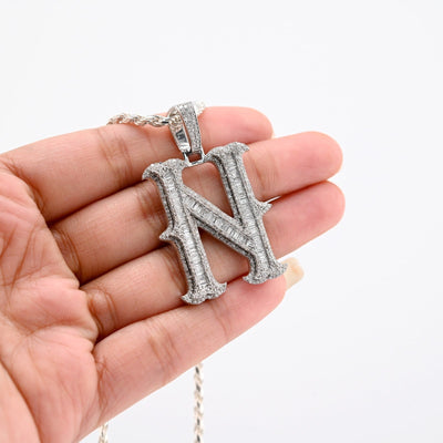 925 Silver 2 CTW Natural Diamond Round/Baguette Initial "N" Pendant 11.9g Charm - Elite Jewelers - Charms & Pendants