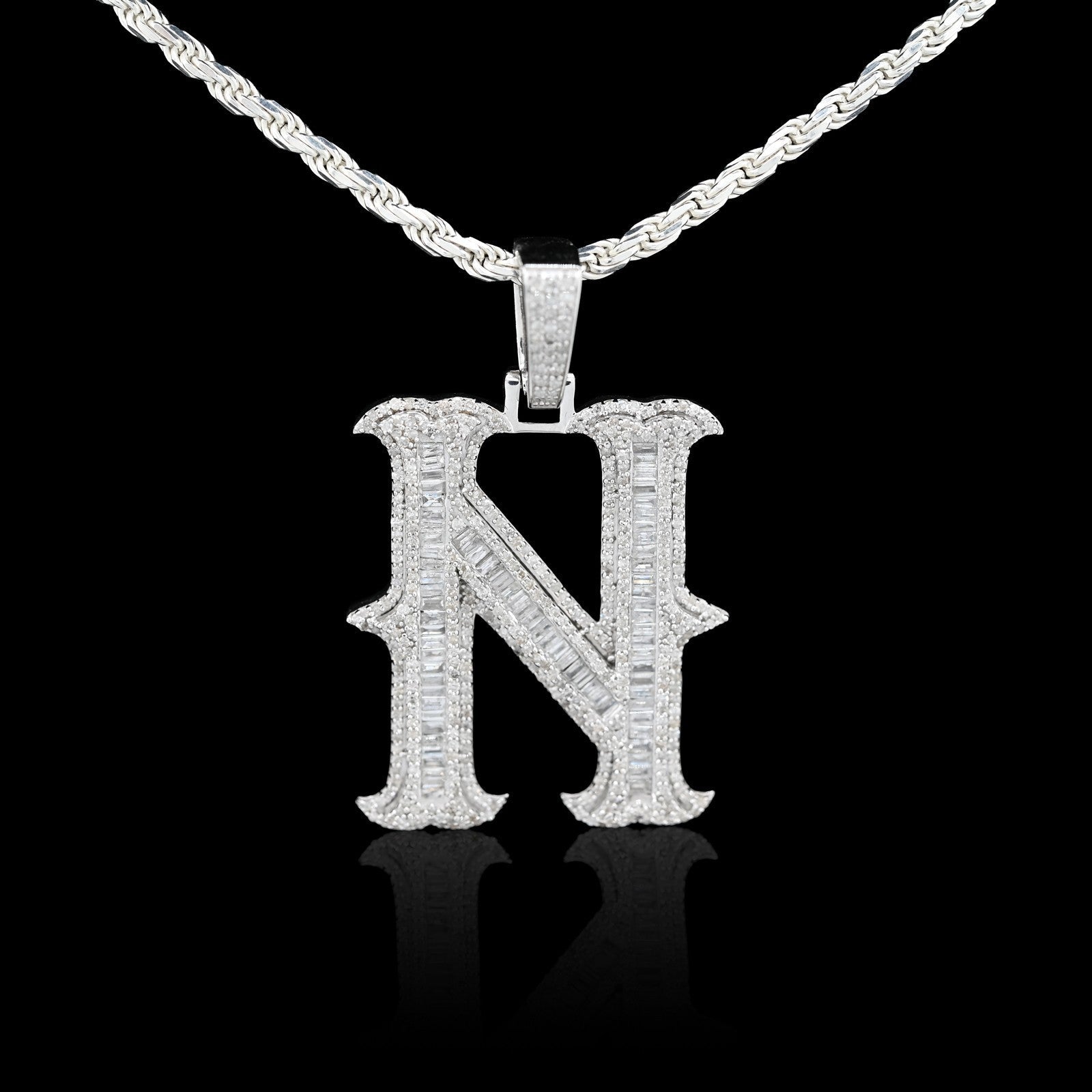 925 Silver 2 CTW Natural Diamond Round/Baguette Initial "N" Pendant 11.9g Charm - Elite Jewelers - Charms & Pendants