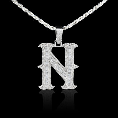 925 Silver 2 CTW Natural Diamond Round/Baguette Initial "N" Pendant 11.9g Charm - Elite Jewelers - Charms & Pendants