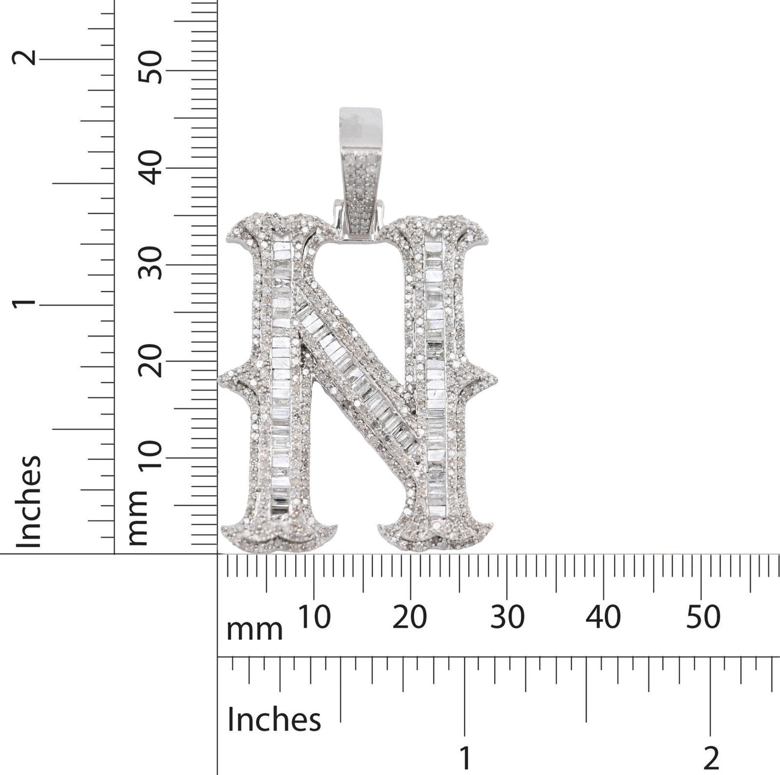 925 Silver 2 CTW Natural Diamond Round/Baguette Initial "N" Pendant 11.9g Charm - Elite Jewelers - Charms & Pendants