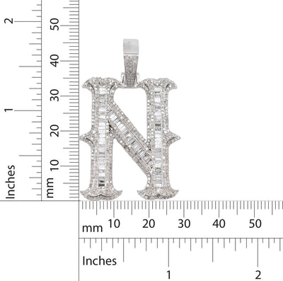 925 Silver 2 CTW Natural Diamond Round/Baguette Initial "N" Pendant 11.9g Charm - Elite Jewelers - Charms & Pendants