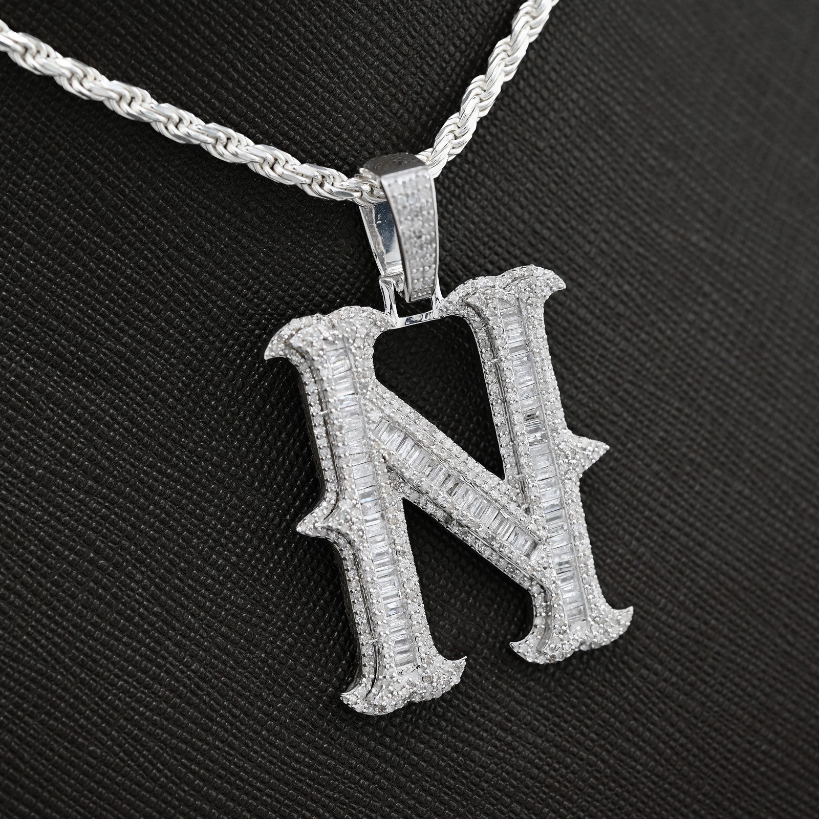 925 Silver 2 CTW Natural Diamond Round/Baguette Initial "N" Pendant 11.9g Charm - Elite Jewelers - Charms & Pendants
