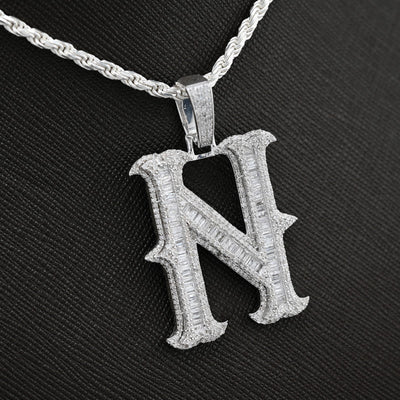 925 Silver 2 CTW Natural Diamond Round/Baguette Initial "N" Pendant 11.9g Charm - Elite Jewelers - Charms & Pendants