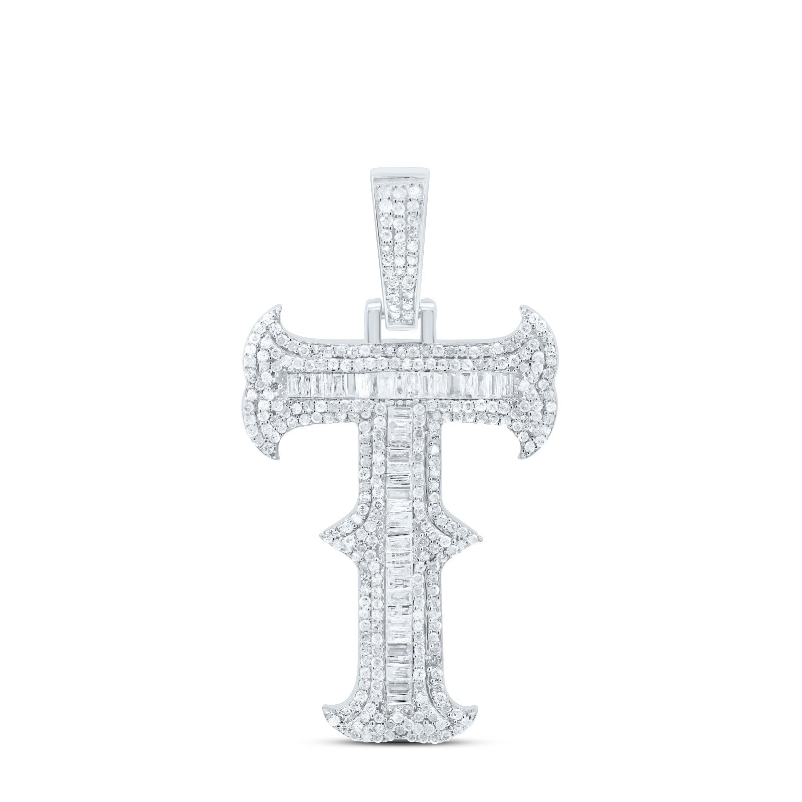 925 Silver 2 CTW Natural Diamond Round/Baguette Initial "T" Pendant 11g Charm - Elite Jewelers - Charms & Pendants
