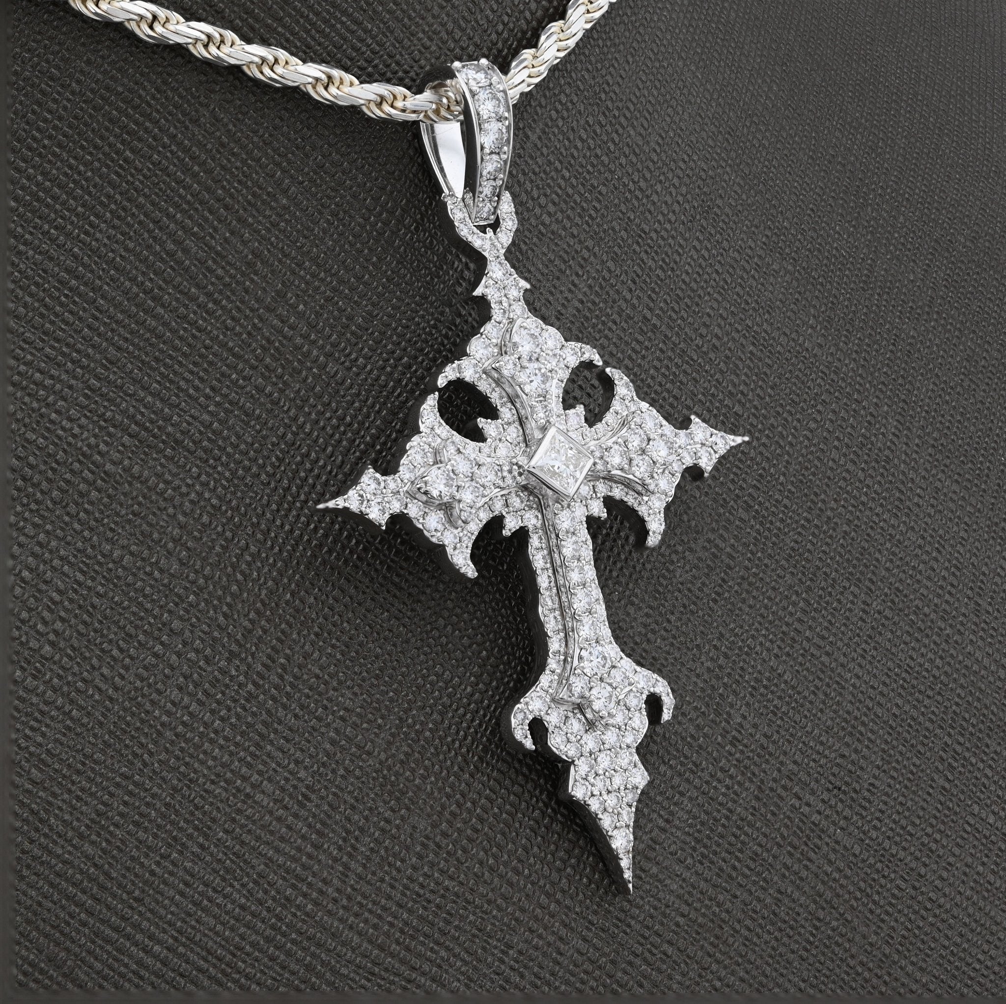 925 Silver 2.96CT Lab Diamond Princess Cut Solitaire Cross Pendant 2.5" Men 12.9g Men Charm - Elite Jewelers - Charms & Pendants