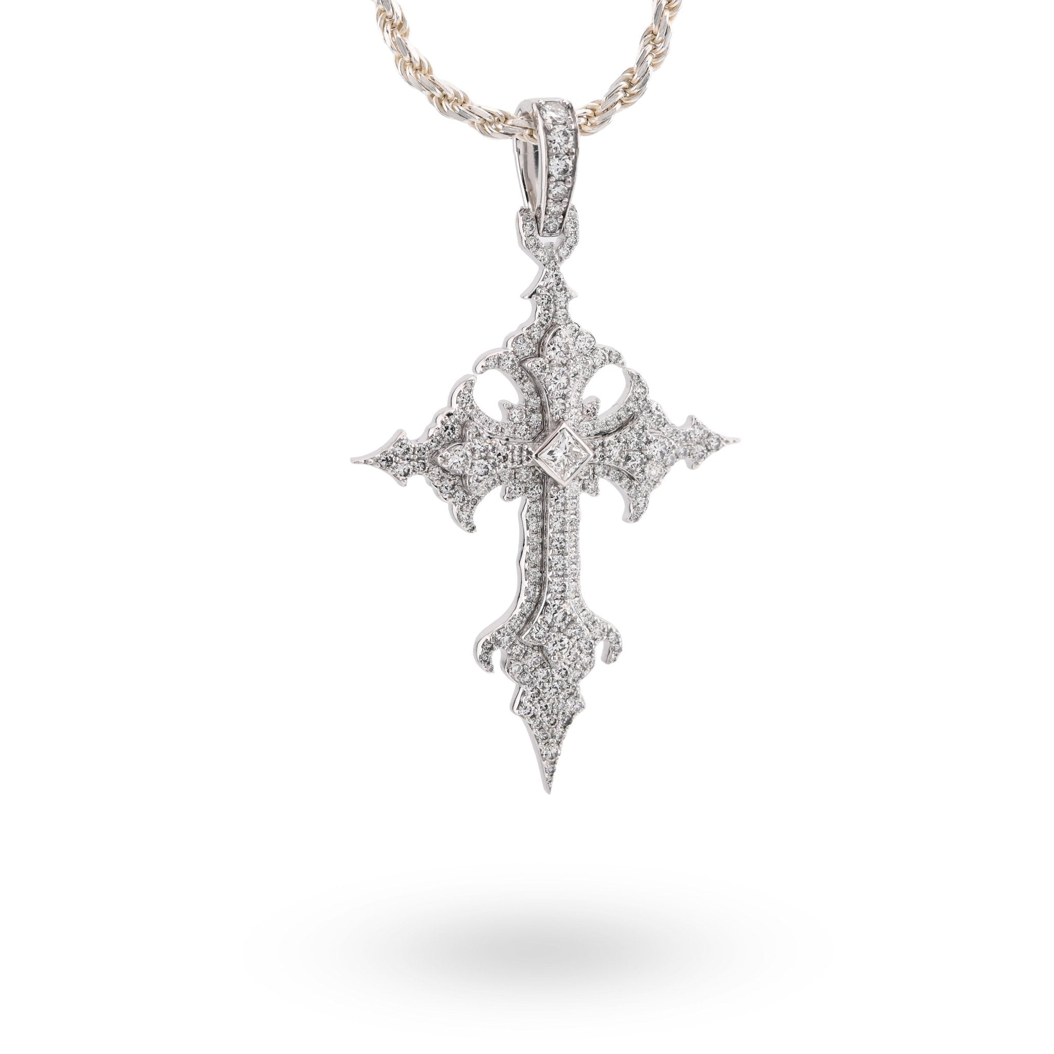 925 Silver 2.96CT Lab Diamond Princess Cut Solitaire Cross Pendant 2.5" Men 12.9g Men Charm - Elite Jewelers - Charms & Pendants