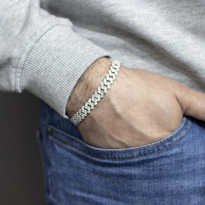 925 Silver w/ Round / Baguette Diamond Cuban Bracelet 8mm 8" - Elite Jewelers - Bracelets