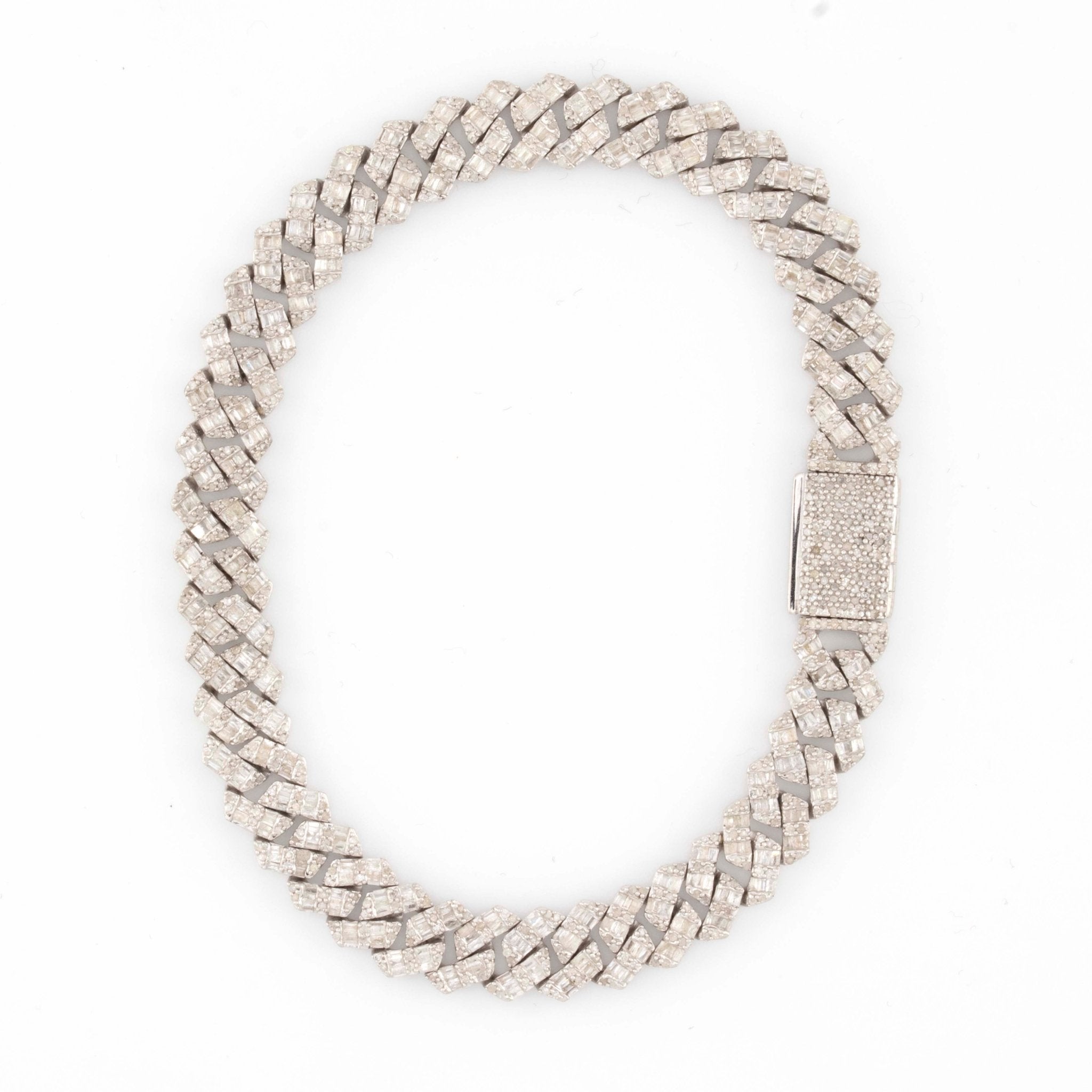 925 Silver w/ Round / Baguette Diamond Cuban Bracelet 8mm 8" - Elite Jewelers - Bracelets