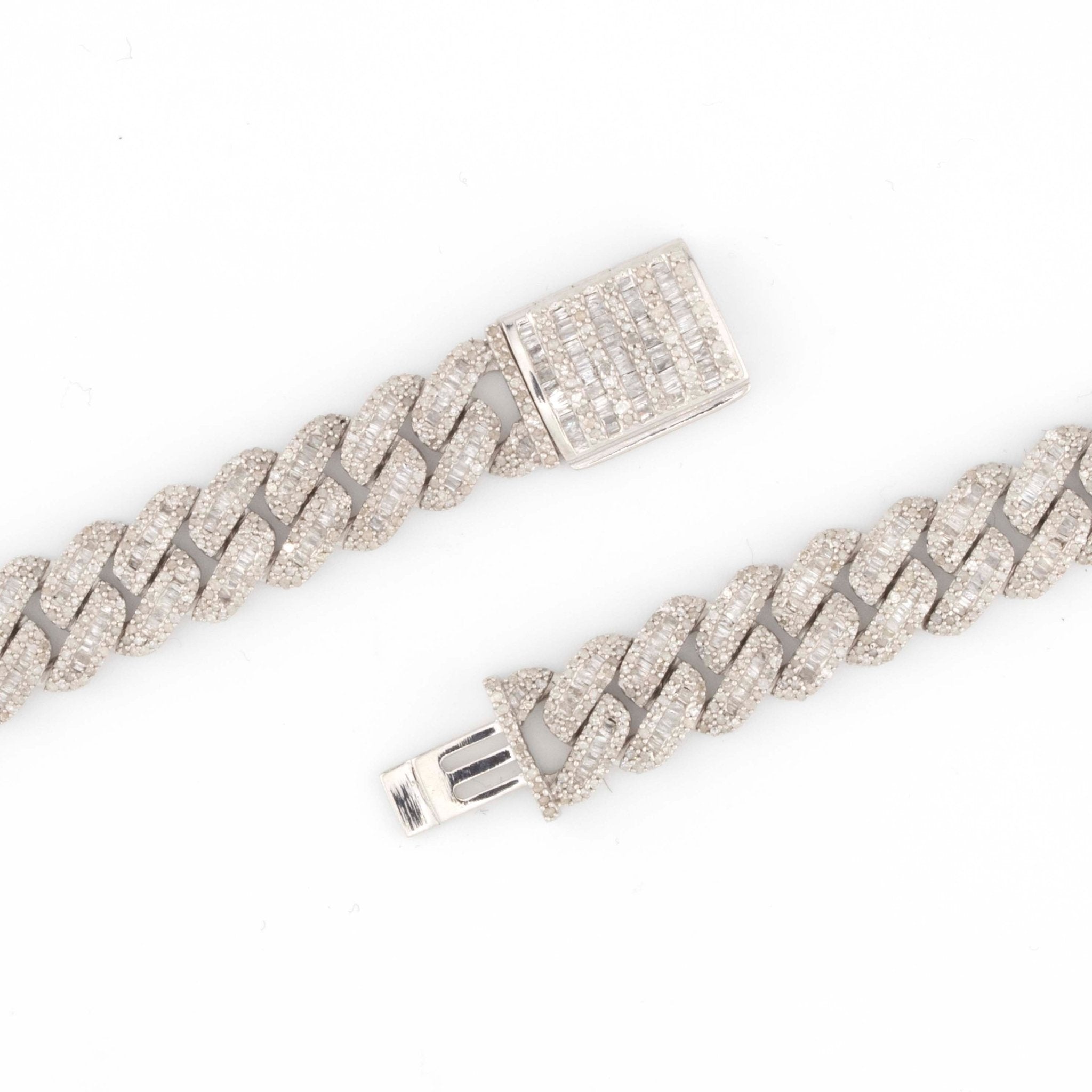 925 Silver w/ Round / Baguette Diamond Cuban Necklace 10mm 22" - Elite Jewelers - Necklaces & Chains