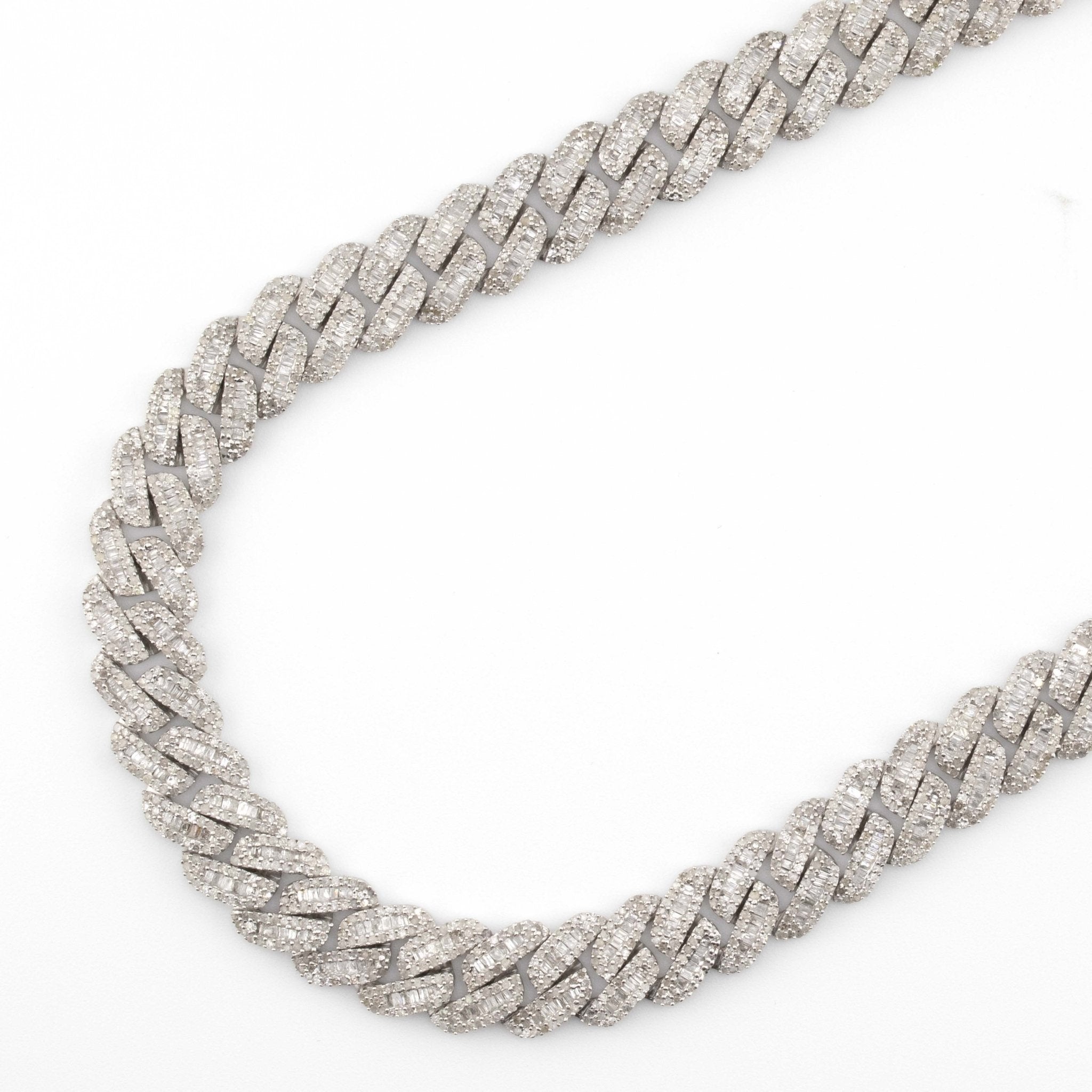 925 Silver w/ Round / Baguette Diamond Cuban Necklace 11mm 22" - Elite Jewelers - Necklaces & Chains