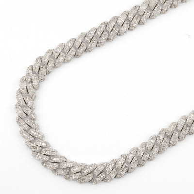 925 Silver w/ Round / Baguette Diamond Cuban Necklace 11mm 22" - Elite Jewelers - Necklaces & Chains