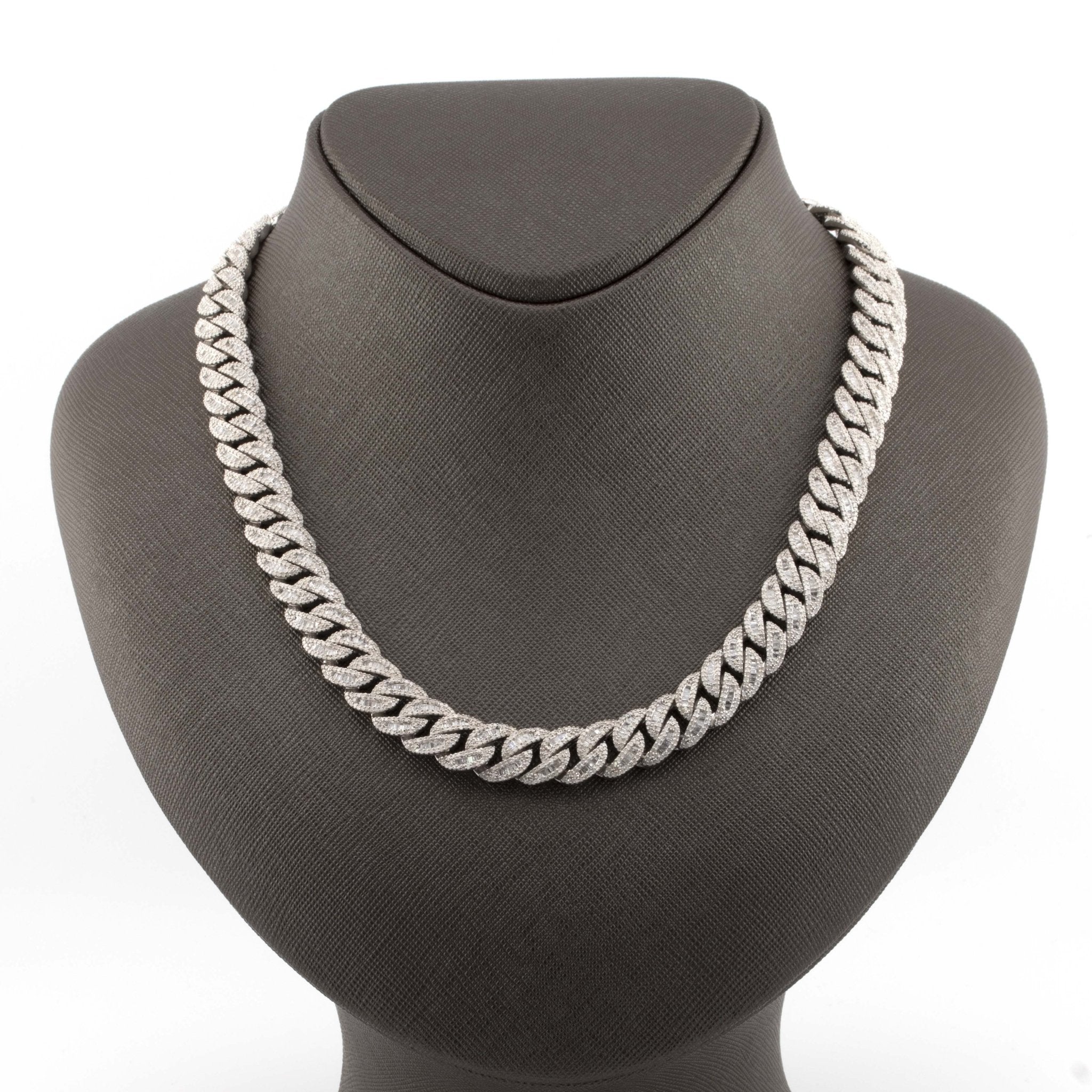 925 Silver w/ Round / Baguette Diamond Cuban Necklace 11mm 22" - Elite Jewelers - Necklaces & Chains