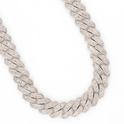 925 Silver w/ Round / Baguette Diamond Cuban Necklace 13mm 22" - Elite Jewelers - Necklaces & Chains