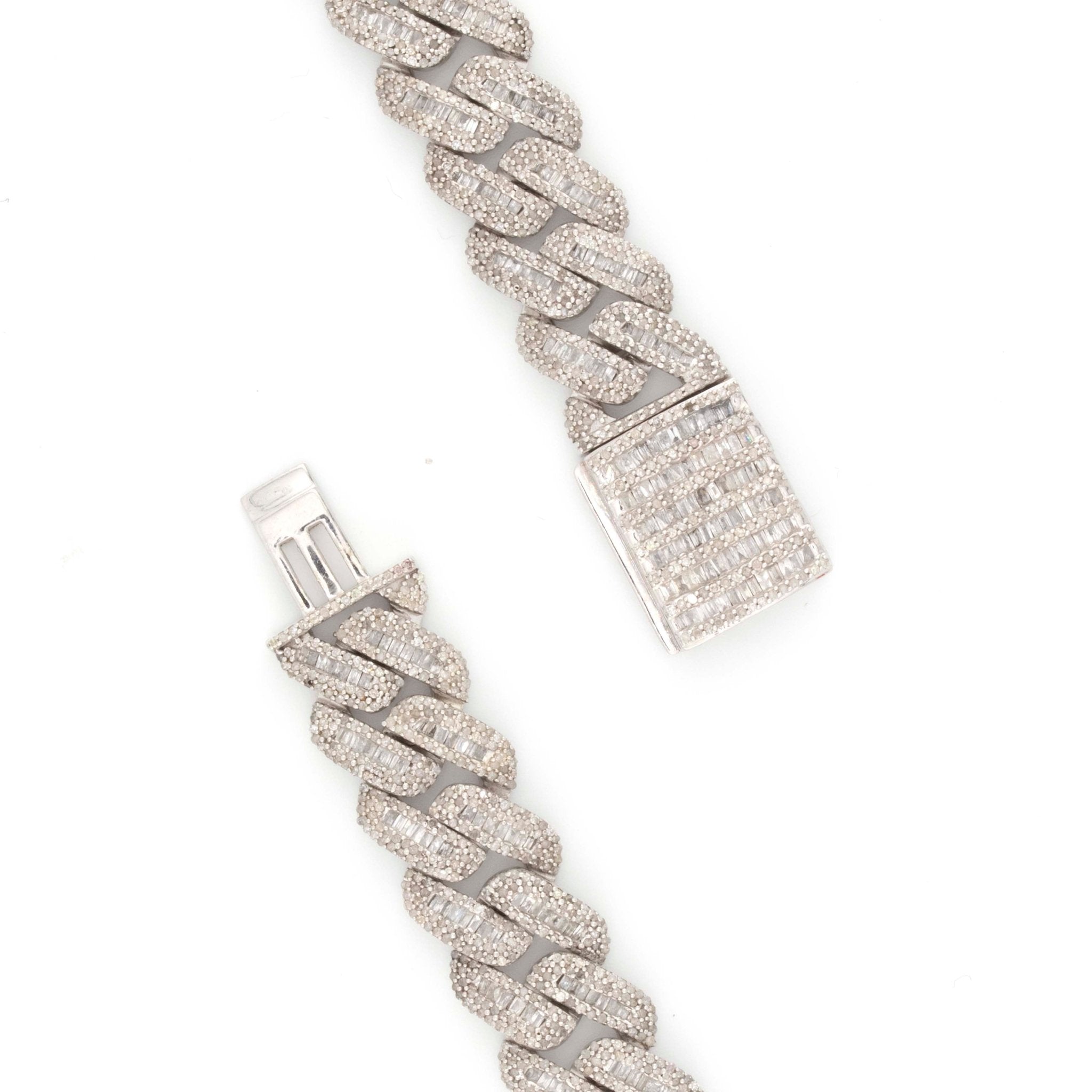 925 Silver w/ Round / Baguette Diamond Cuban Necklace 13mm 22" - Elite Jewelers - Necklaces & Chains