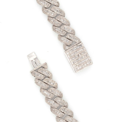 925 Silver w/ Round / Baguette Diamond Cuban Necklace 13mm 22" - Elite Jewelers - Necklaces & Chains