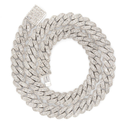 925 Silver w/ Round / Baguette Diamond Cuban Necklace 13mm 22" - Elite Jewelers - Necklaces & Chains