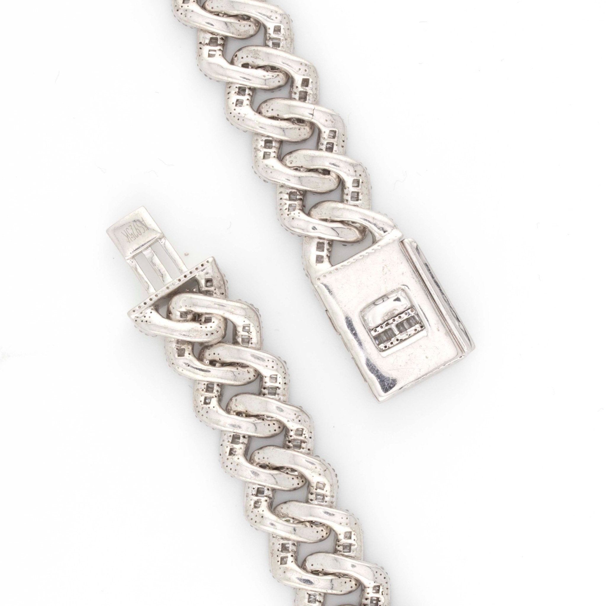 925 Silver w/ Round / Baguette Diamond Cuban Necklace 13mm 22" - Elite Jewelers - Necklaces & Chains