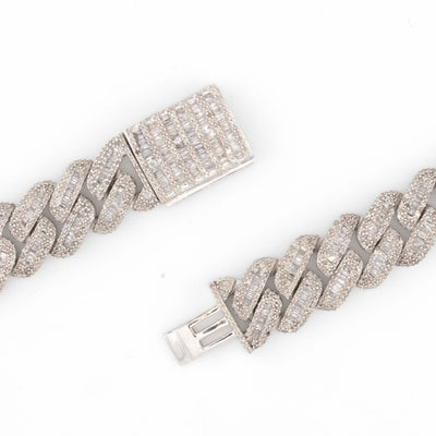 925 Silver w/ Round / Baguette Diamond Cuban Necklace 13mm 22" - Elite Jewelers - Necklaces & Chains