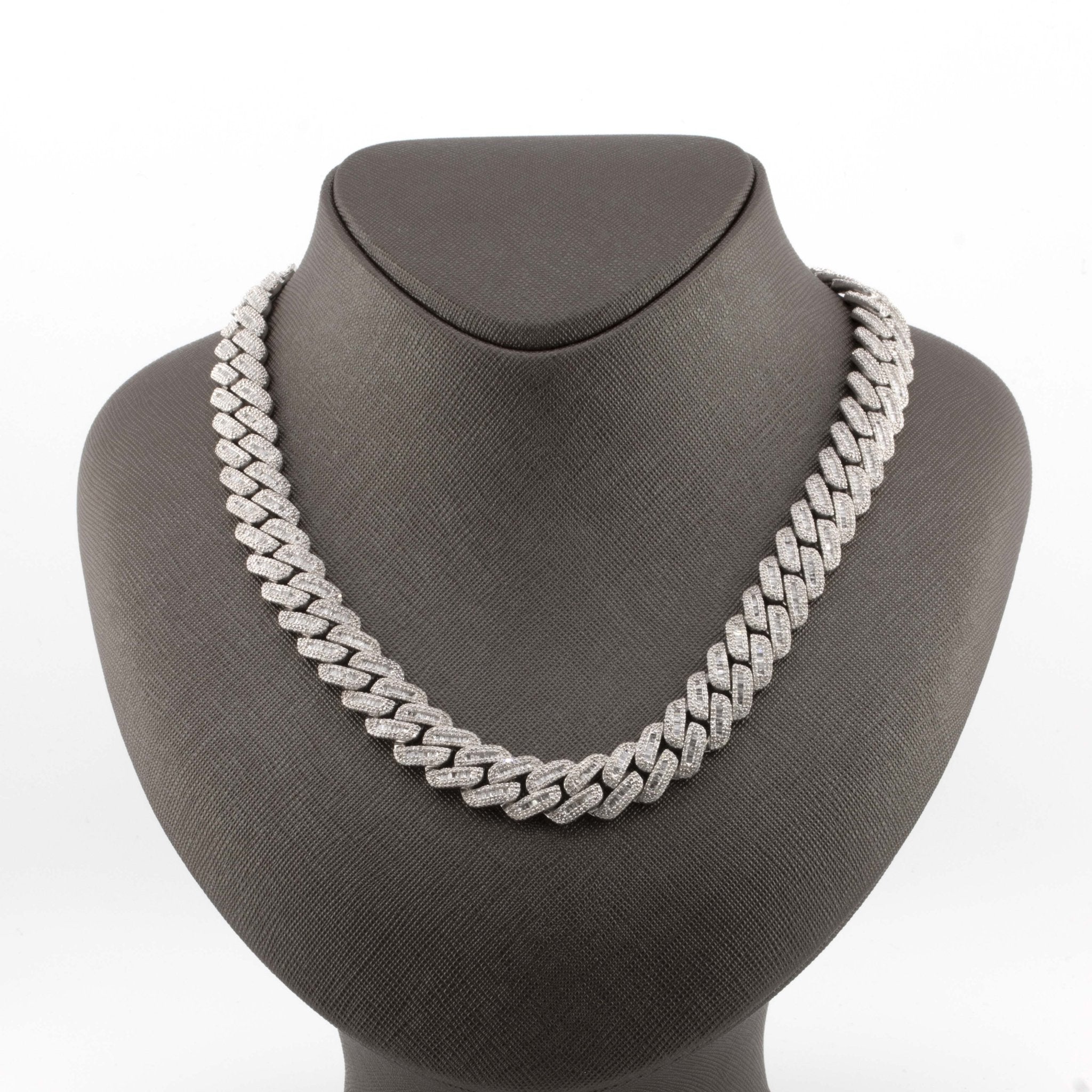 925 Silver w/ Round / Baguette Diamond Cuban Necklace 13mm 22" - Elite Jewelers - Necklaces & Chains