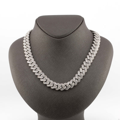 925 Silver w/ Round / Baguette Diamond Cuban Necklace 13mm 22" - Elite Jewelers - Necklaces & Chains