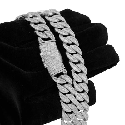 925 SS 11MM Baguette Centre Natural Diamond 22" Cuban Link Chain - Elite Jewelers-Necklaces