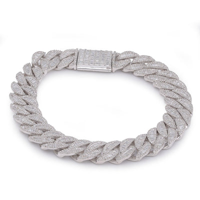 925 SS 11MM Natural Diamond Baguette Centre Row Cuban Link 4.375CT 8" Men Bracelet - Elite Jewelers-Bracelets
