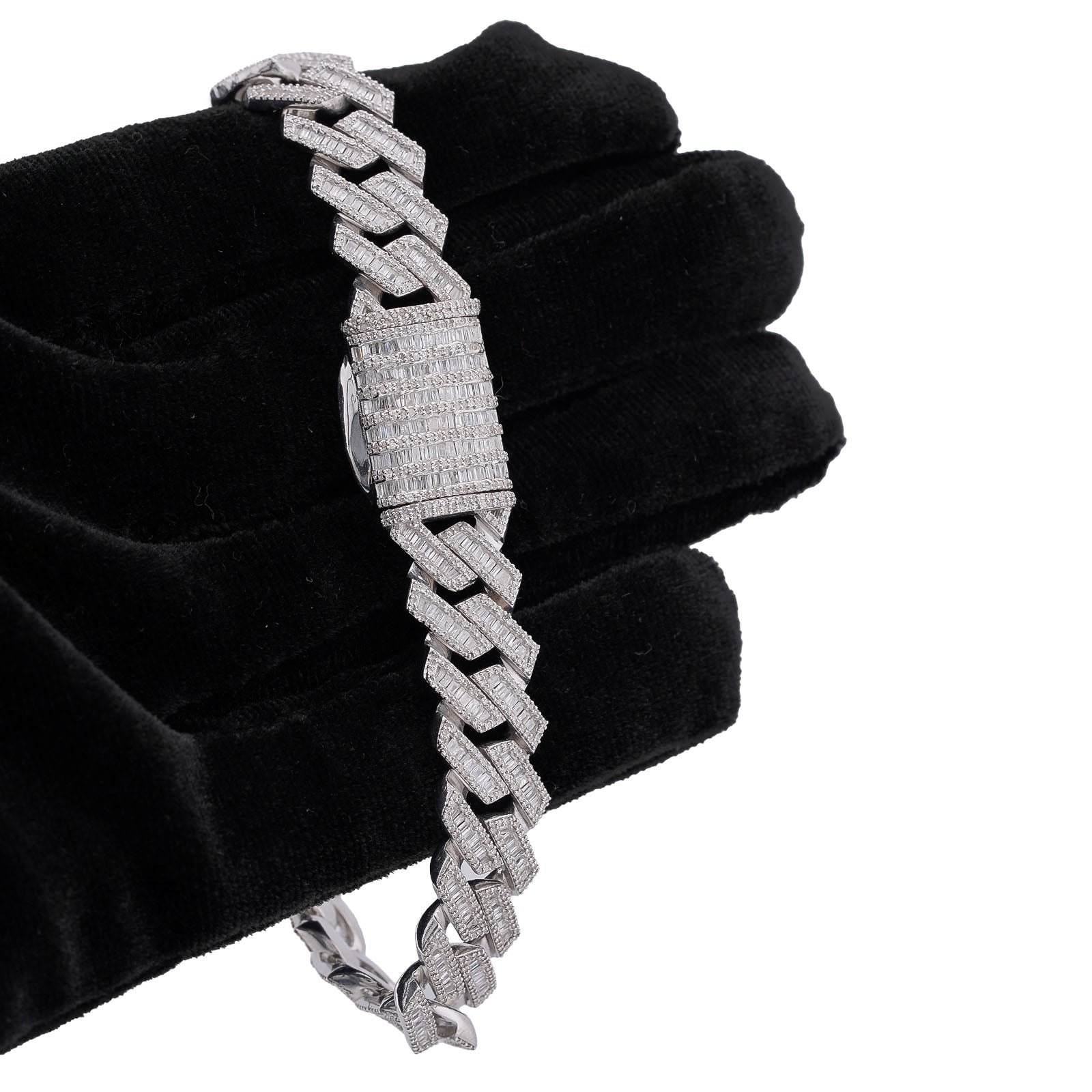 925 SS 12MM Rectangular Cuban Link Baguette/Round Natural Diamond 5.625CT 8" Men Bracelet - Elite Jewelers-Bracelets