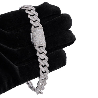 925 SS 12MM Rectangular Cuban Link Baguette/Round Natural Diamond 5.625CT 8" Men Bracelet - Elite Jewelers-Bracelets