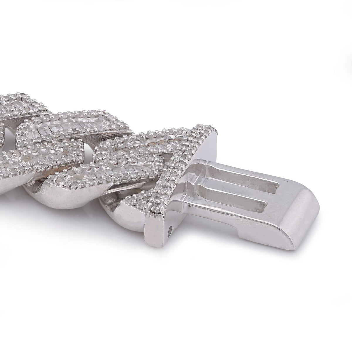 925 SS 12MM Rectangular Cuban Link Baguette/Round Natural Diamond 5.625CT 8" Men Bracelet - Elite Jewelers-Bracelets
