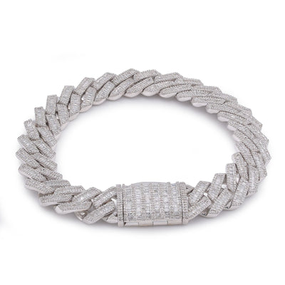 925 SS 12MM Rectangular Cuban Link Baguette/Round Natural Diamond 5.625CT 8" Men Bracelet - Elite Jewelers-Bracelets