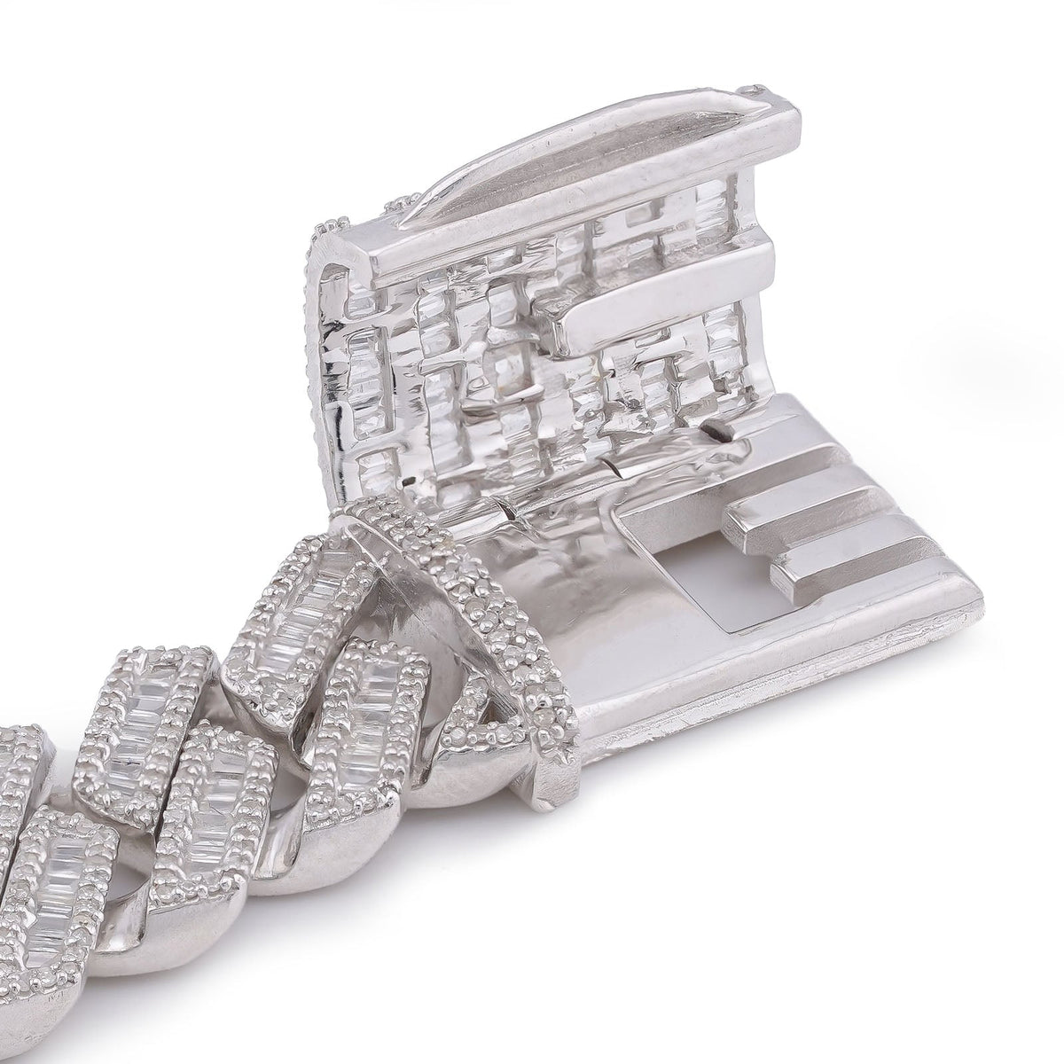 925 SS 12MM Rectangular Cuban Link Baguette/Round Natural Diamond 5.625CT 8" Men Bracelet - Elite Jewelers-Bracelets