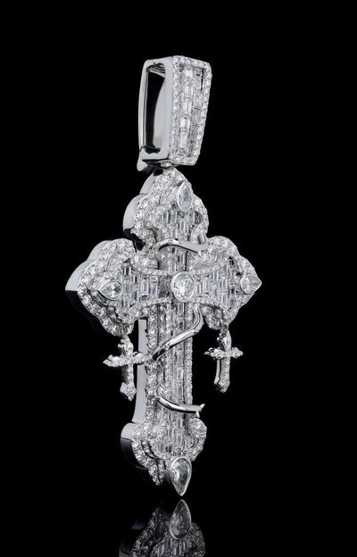 925 SS 13.66CT Lab Diamond Round/Emerald/Tear Drop Cross Pendant 45g 3.25" Men Charm - Elite Jewelers - Charms & Pendants