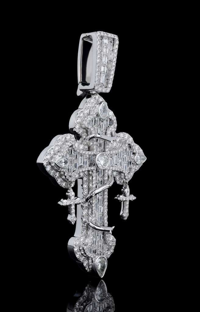 925 SS 13.66CT Lab Diamond Round/Emerald/Tear Drop Cross Pendant 45g 3.25" Men Charm - Elite Jewelers - Charms & Pendants