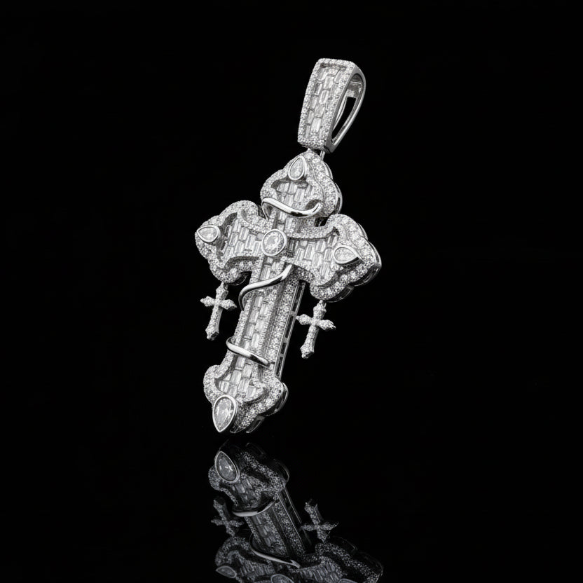 925 SS 13.66CT Lab Diamond Round/Emerald/Tear Drop Cross Pendant 45g 3.25" Men Charm - Elite Jewelers - Charms & Pendants