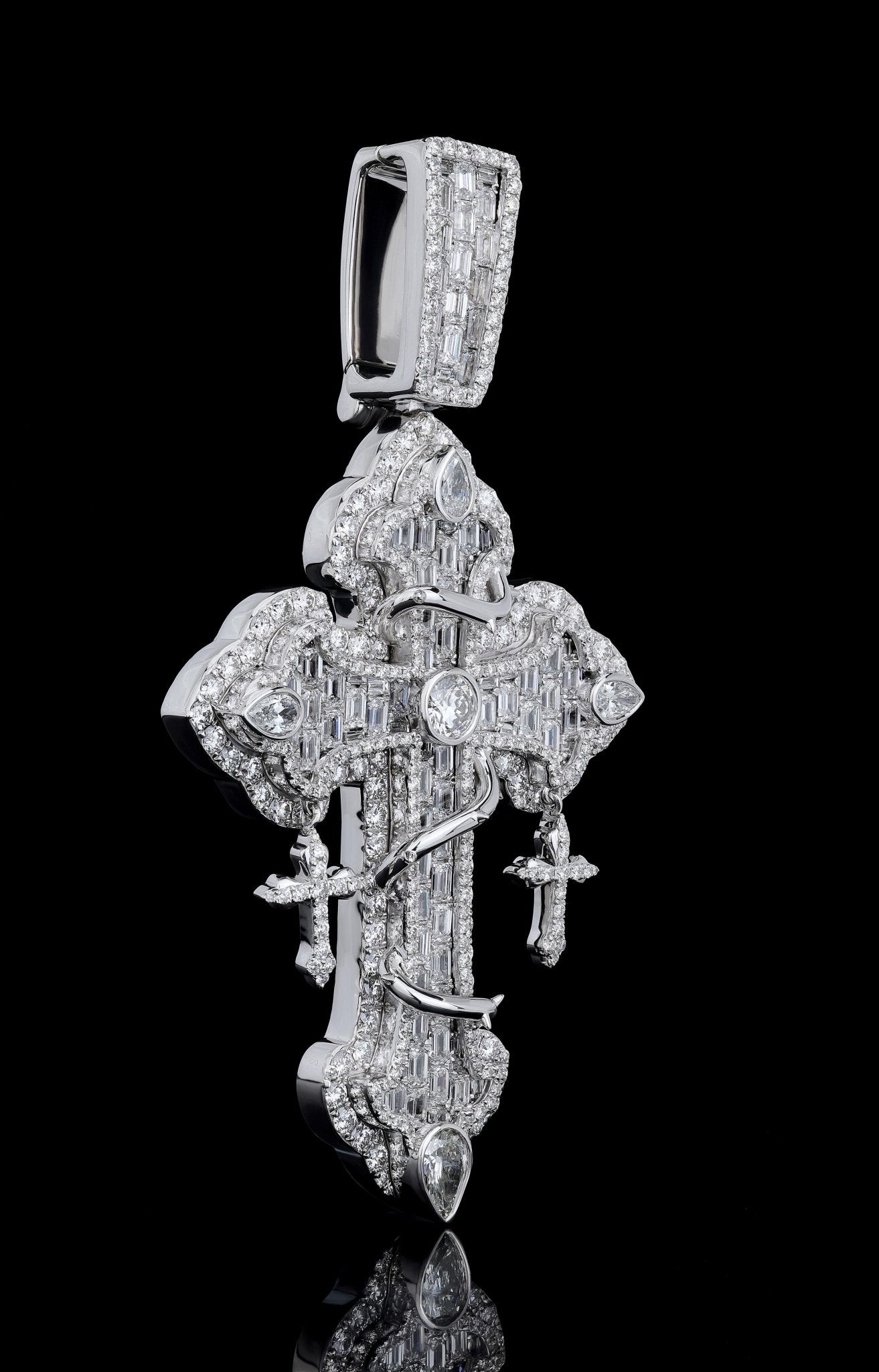 925 SS 13.66CT Lab Diamond Round/Emerald/Tear Drop Cross Pendant 45g 3.25" Men Charm - Elite Jewelers - Charms & Pendants