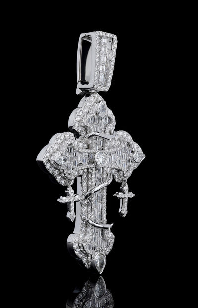 925 SS 13.66CT Lab Diamond Round/Emerald/Tear Drop Cross Pendant 45g 3.25" Men Charm - Elite Jewelers - Charms & Pendants