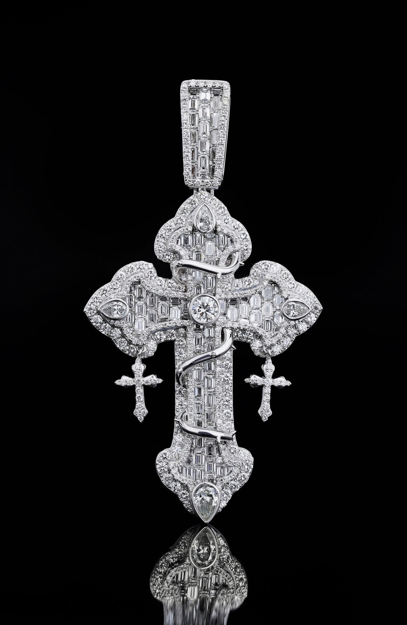 925 SS 13.66CT Lab Diamond Round/Emerald/Tear Drop Cross Pendant 45g 3.25" Men Charm - Elite Jewelers - Charms & Pendants