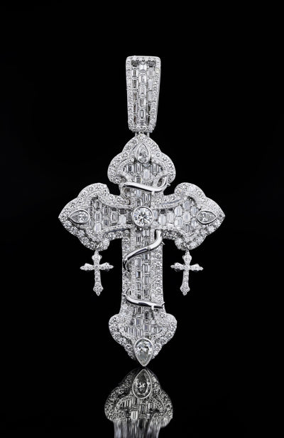 925 SS 13.66CT Lab Diamond Round/Emerald/Tear Drop Cross Pendant 45g 3.25" Men Charm - Elite Jewelers - Charms & Pendants
