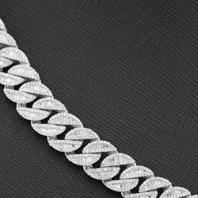 925 SS 16.25CT Natural Diamond Baguette Cuban Link 12MM Men Chain 22" Necklace - Elite Jewelers-Necklaces